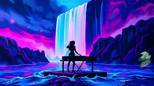 Pianist Floating on Water, Playing Music Under a Neon Waterfall. Perfect for synthwave, chillwave, and cinematic music. Seamless looping time lapse animation video background, lo-fi art.
