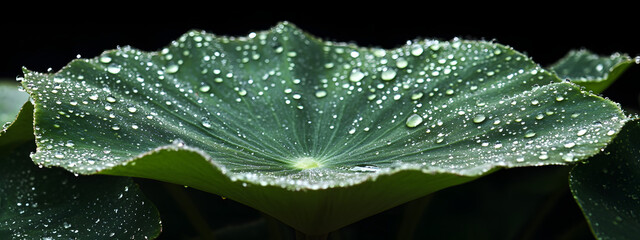 Close-up of raindrops on the edge of an oversized green leaf
