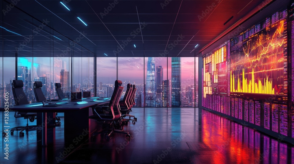 Poster abstract futuristic business environment with holographic risk assessment tools and predictive ai mo