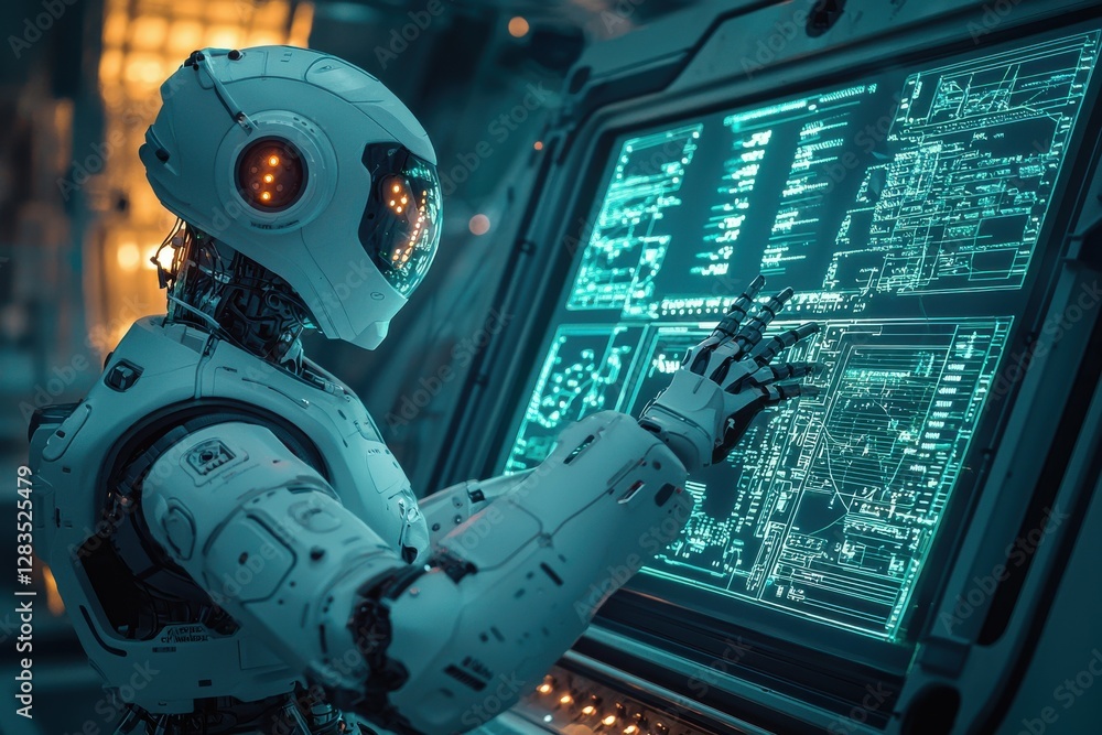 Poster a futuristic humanoid robot operating a complex digital interface, showcasing advanced technology an