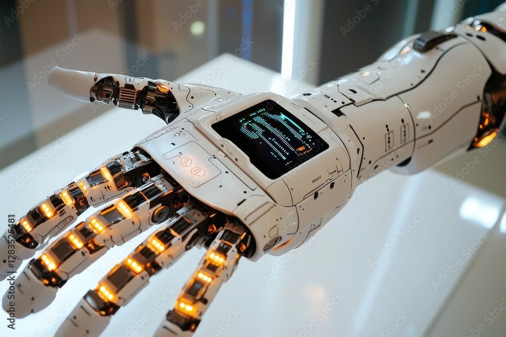Aufkleber a futuristic white robotic hand with glowing elements and a digital display, showcasing advanced tec