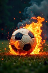Naklejka premium Football ball exploding in a burst of flames on a burning field, explosion, intensity, flames