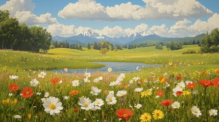 Fototapeta premium Colorful wildflowers bloom in a lush green meadow surrounding a calm pond with snow-capped mountains under a cloudy sky.