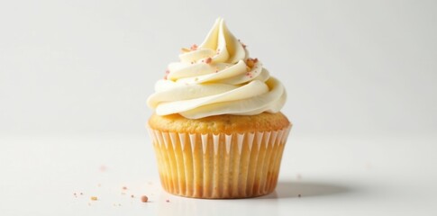 Single vanilla cupcake, frosting swirl, sprinkles, white background, frosting, background