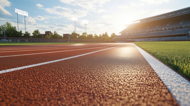 College stadium with athletes running a 200m sprint. Featuring speed and focus