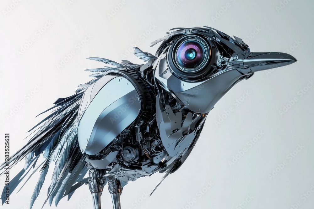Poster a striking, hyperrealistic digital rendering of a futuristic robotic bird with metallic details, int