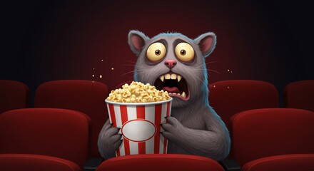 Cartoon rat watches a scary movie in a theater