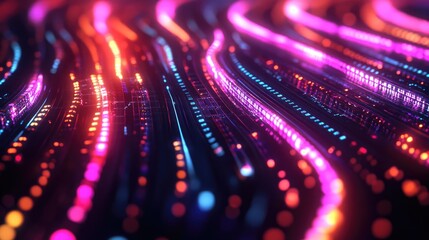 Abstract futuristic illustration of AI-powered data processing for market predictions and business intelligence, glowing effect, no people