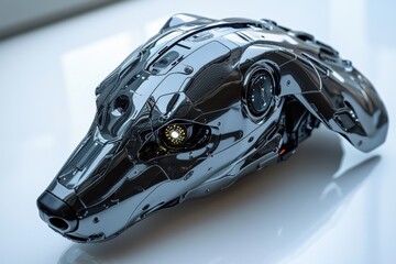 Close-up of a sleek, metallic robotic dog head with glowing eyes and intricate design, evoking futuristic technology and artificial intelligence on bright surface.