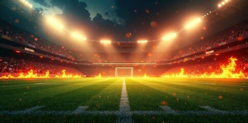 Football field on fire with burning goalposts and scoreboard, flames destruction, soccer field, blazing goalposts