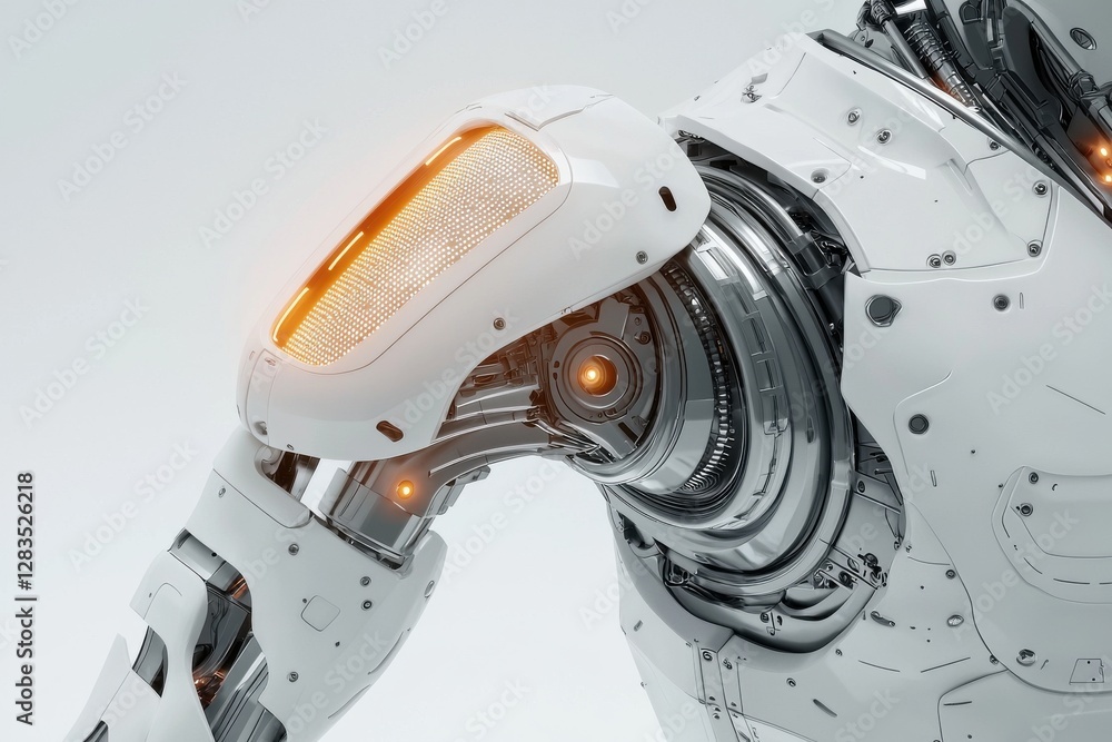 Poster detailed view of a futuristic, white robot upper body with illuminated orange elements, showcasing a