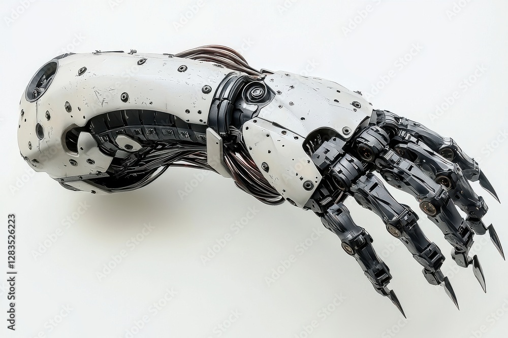 Poster detailed view of an advanced robotic arm with intricate mechanical and electronic components, showca