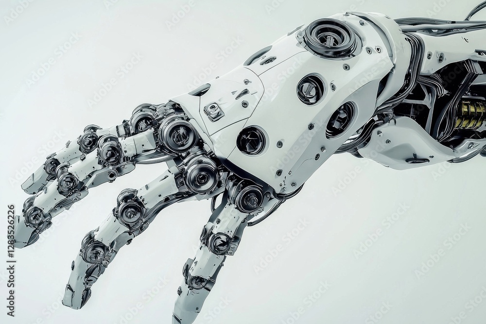 Poster close-up of an intricately designed robotic hand showcasing advanced mechanical engineering and futu