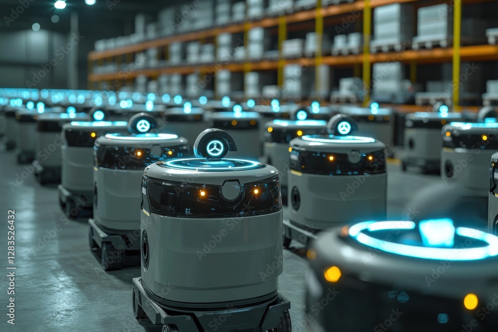 Poster advanced warehouse automation system with self-driving robots for efficient logistics, representing 