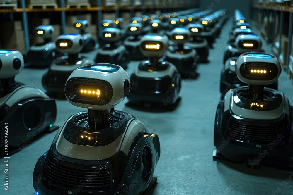 Aufkleber a fleet of autonomous mobile robots arranged in rows inside a warehouse, automated systems demonstra