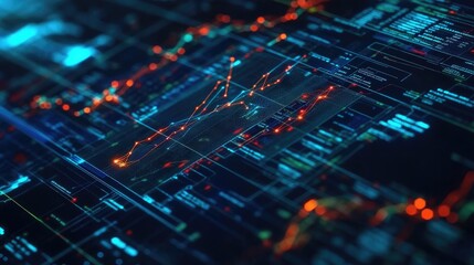 Obraz premium Abstract representation of AI-powered risk analysis with glowing algorithm patterns scanning business reports