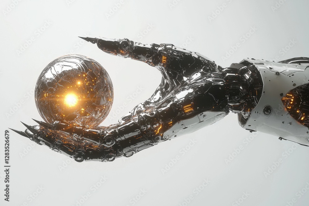 Poster a sleek, metallic robot hand gently holds a glowing orb of light, creating a futuristic and technolo