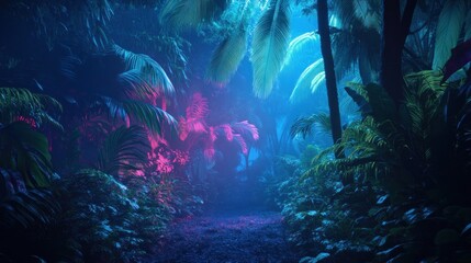 Jungle , night, neon blue, red and green lights, nature, green, blue background. --