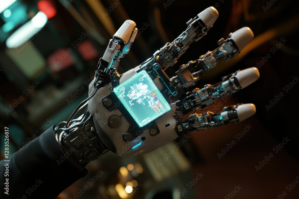 Poster close-up of a futuristic robotic hand displaying a holographic interface, representing advanced tech
