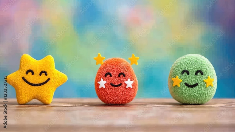 Poster abstract visualization of user feedback and rating system with emoji icons and five-star reviews, no