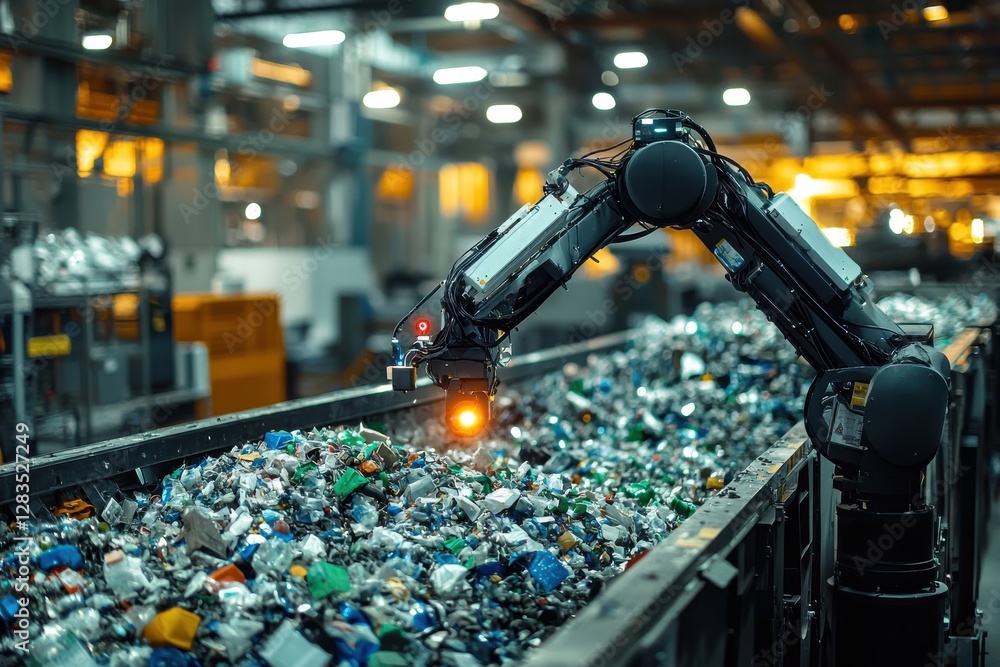 Aufkleber advanced automated recycling facility showcasing a robotic arm sorting through waste materials on a 