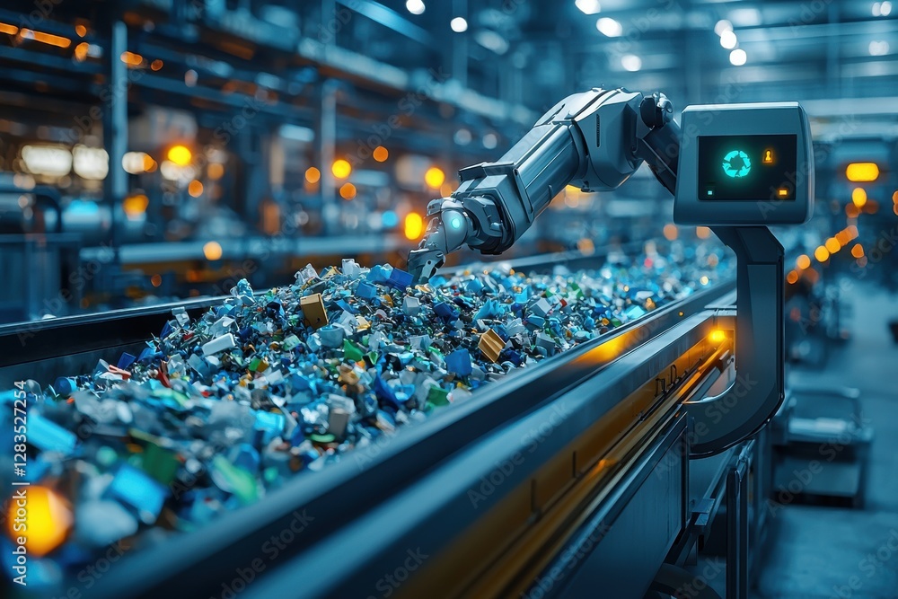 Poster automated recycling facility with robot arm sorting waste, optimizing resource recovery, promoting s
