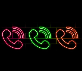 glowing neon phone, phone pictogram in bright colors. Call center, contact telephone, emergency call, hotline and support. Vector icon set.