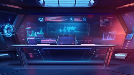 Obraz premium Futuristic Command Center With Advanced Technology Interface And Neon Displays And Graphics And