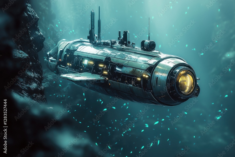 Poster a futuristic submarine exploring the deep ocean, featuring advanced technology and detailed design, 
