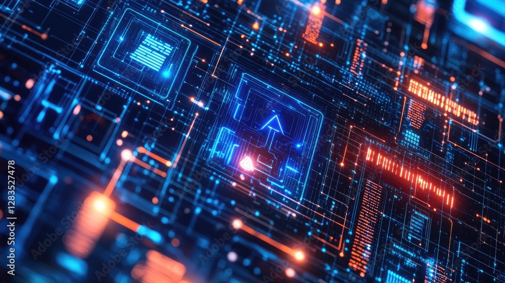 Poster ai-driven customer analytics with deep learning symbols and futuristic tech elements, no people