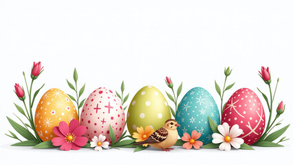 vibrant quail eggs spring flowers white backdrop evoke easter spirit colorful