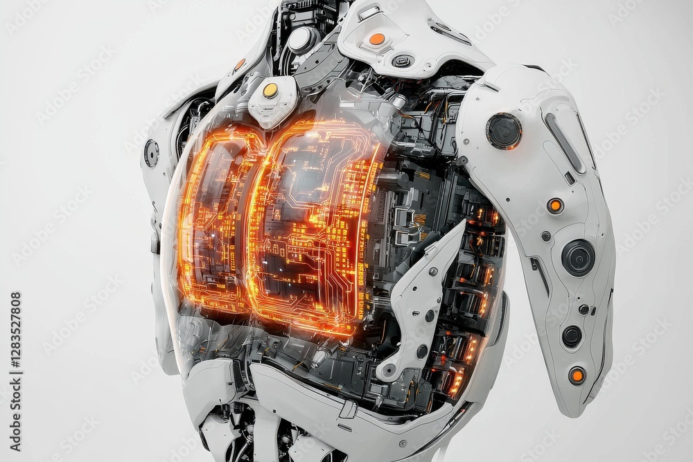 Poster detailed view of a futuristic robot torso with transparent components, showcasing internal circuitry