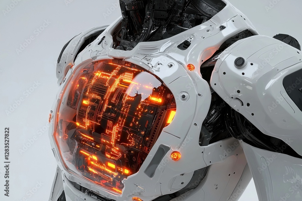 Aufkleber advanced futuristic robot with a transparent chest plate revealing glowing internal mechanisms and c