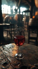 Wine glass in winery, tasting, barrels in background