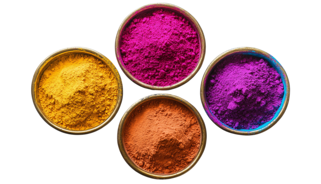 Colorful Holi powder in three bronze bowls, isolated on a transparent background PNG