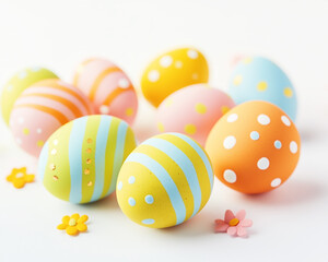 Obraz premium Striped and dotted easter eggs on white surface with little flowers