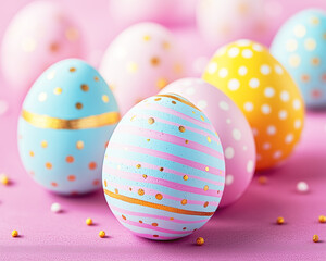 Fototapeta premium Striped and dotted easter eggs on a fuchsia surface