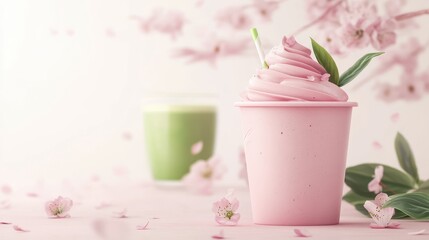 Matcha smoothie and sakura cherry blossom tree,spring season ,drink sweets for banners,Collection of matcha drinks with latte,menu popular japan,cards, flyers,wallpapers,copy space.