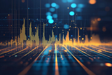 Visual representation of data with vibrant gold streaks and blue dots, showcasing motion blur and dynamic patterns in digital environment