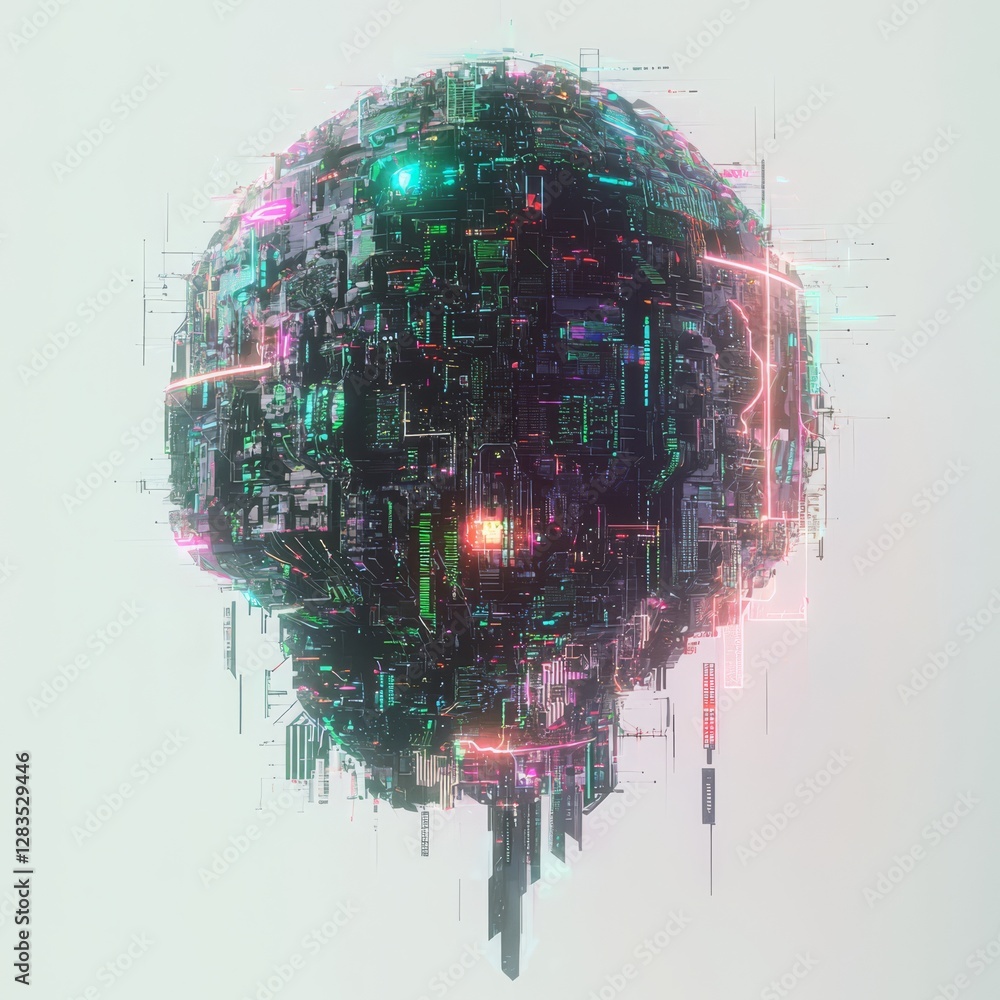 Poster cyber sphere: a mesmerizing 3d rendering of a cyber sphere, intricate network of circuits, glowing l