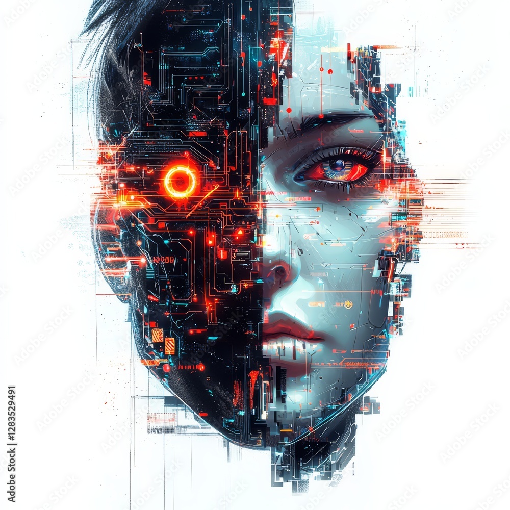 Poster the merging of human and machine: an artistic visualization of a female face morphing into a digital