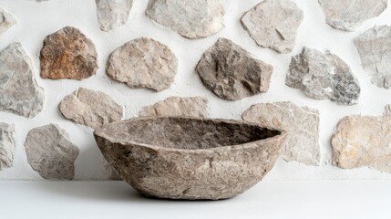 Obraz premium Rustic stone bowl sits on a white surface against a textured stone wall in bright natural light.