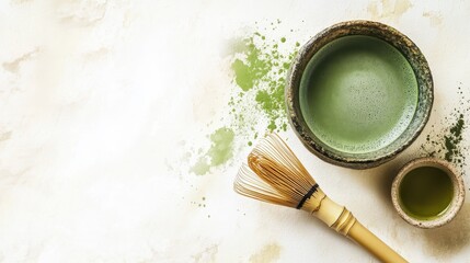 Watercolor of Matcha powder and green tea on background,tea whisk,View from above,The concept of levitation of making matcha green tea,healthy concept.