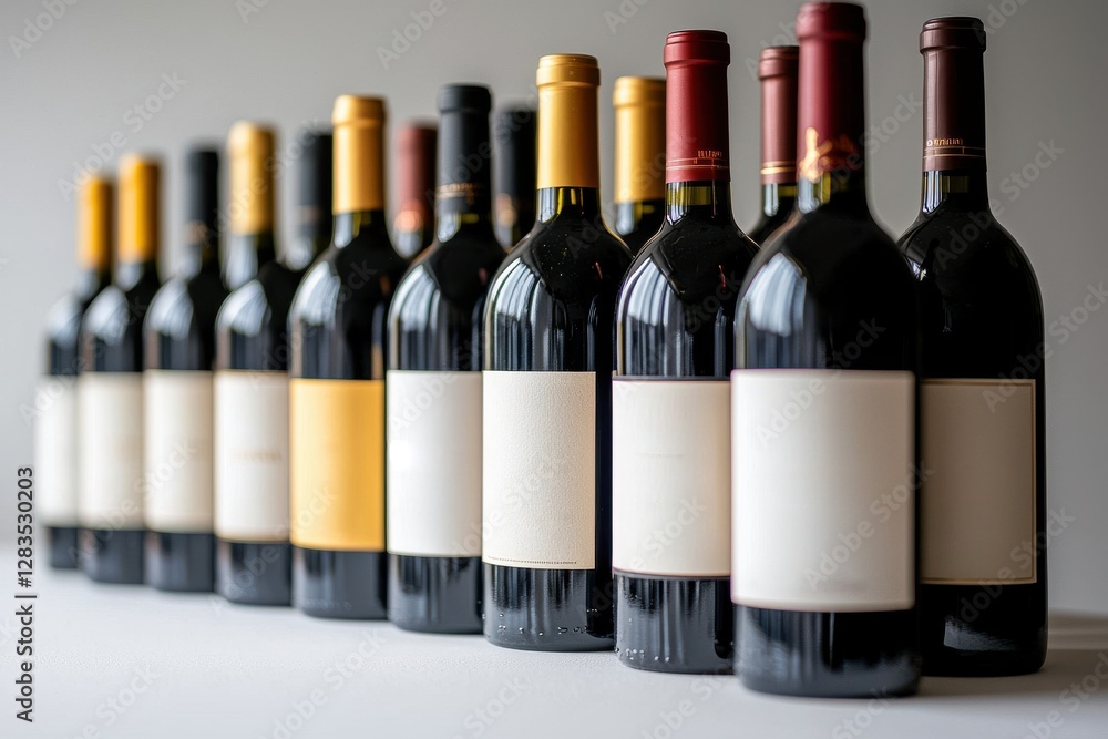 Poster a sophisticated array of wine bottles, showcasing a variety of vintages with blank labels, arranged 