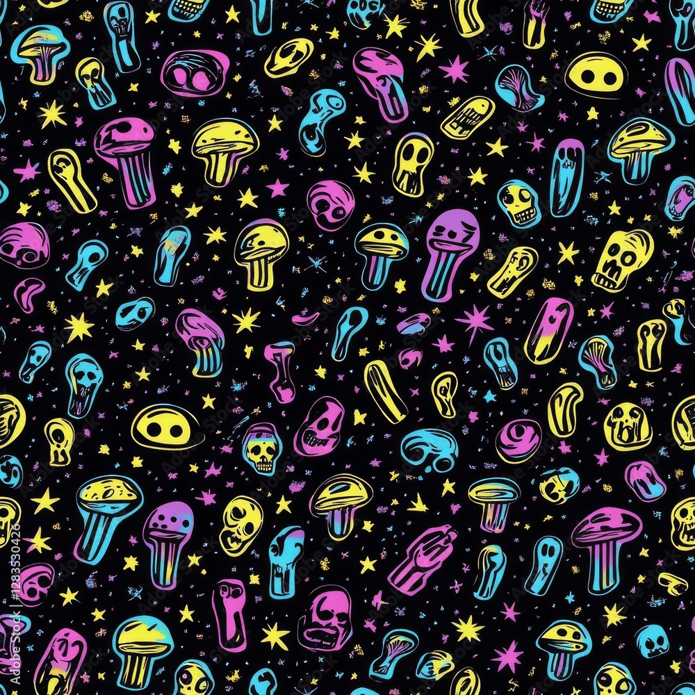 Poster psychedelic mushroom pattern: this vibrant and whimsical design showcases a repeating pattern of col