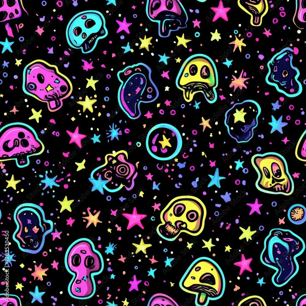 Aufkleber cosmic psychedelic mushrooms: a vibrant, kaleidoscopic pattern features an array of psychedelic mush