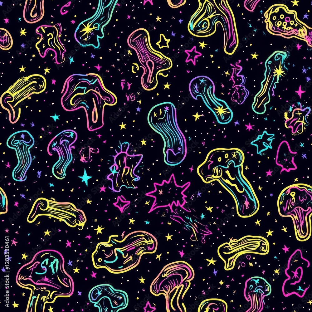 Poster psychedelic fantasy: a vibrant and intricate illustration of psychedelic mushrooms and cosmic elemen