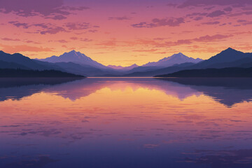 Obraz premium Anime-style serene lake reflecting golden-orange sky fading to pink and purple, mountains silhouetted in the distance