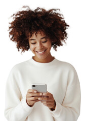 PNG Smiling woman using smartphone