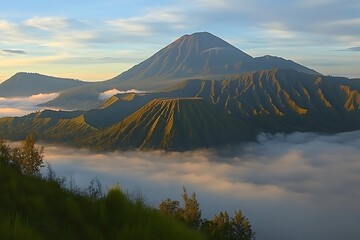 Fototapeta premium Volcanic landscape, Indonesia sunrise, above clouds